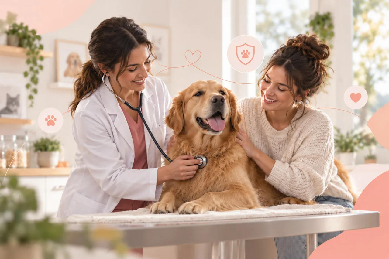 Veterinarian examining a dog while its owner stays beside it