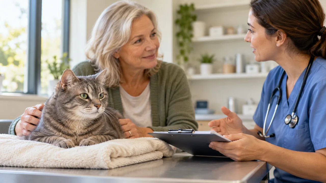 Tabby cat on a towel while its owner speaks with a veterinarian